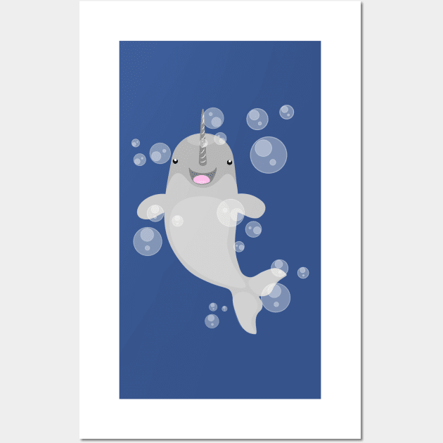 Cute happy narwal bubbles cartoon illustration Wall Art by FrogFactory